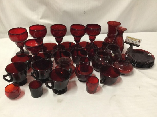 Collection of 36 pieces of vintage ruby red glass - Depression glass and more.