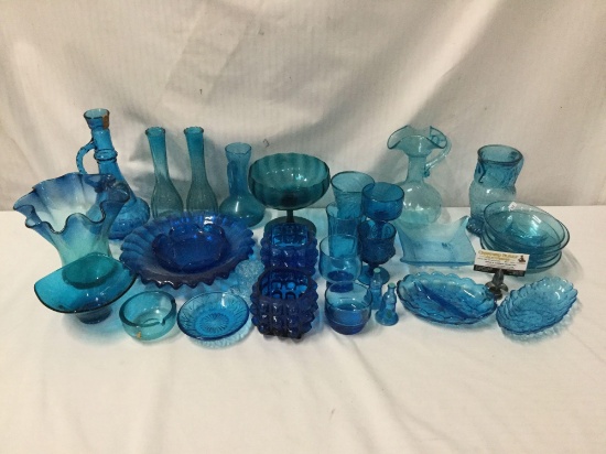 Collection of 30 pieces of vintage blue glass, various years, styles, and makers.
