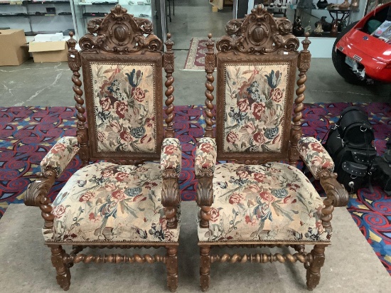 Pair of Victorian parlor chairs w/ upholstered seats, barley twist backs & carved Dragon design