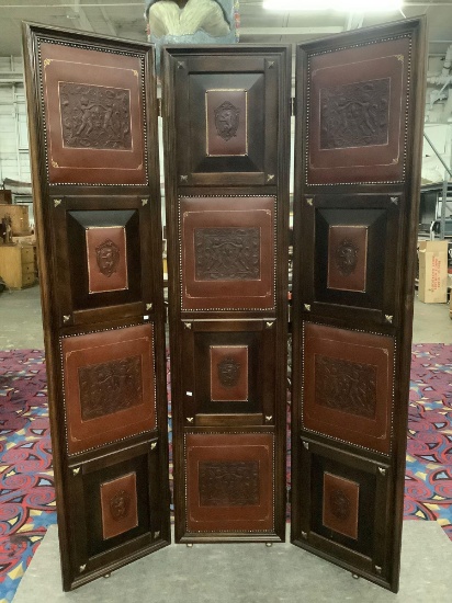 Maitland Smith 3-panel wood & leather room divider w/ cherub & lion crest design - priced @ $3095