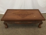 Vintage 40's restored oak coffee table with floral engravings/detail - mild wear for age