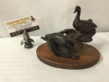 Rare 1985 bronze statue of two geese perched on driftwood, signed by artist Mike Casper of Billings,