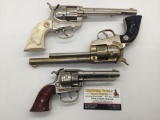 3 vintage Hubley Cowboy cap gun revolver pistols incl. a model w/ bakelite handle