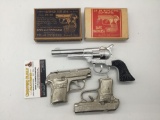 3 vintage cap gun pistols incl. 1930's Stevens 25-50 auto pistol, 30's Stevens 25 Jr. repeating cap