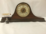 Antique New Haven Tambour No. 7 mahogany mantle clock with key, & cathedral gong movement pendulum