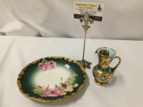 Antique T&V Charger Limoges France Depose 8.5 inch floral china plate w/ Sapphire & gold pitcher