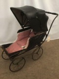 Antique mid 1800's gothic baby carriage with adjustable leather/vinyl canopy - good cond