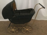 Antique wicker and metal baby carriage w/ canopy - as is no cushioning on inside