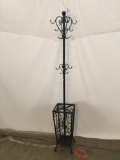 Modern tall wrought iron hall stand coat rack with umbrella / cane stand base - scroll work design