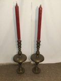 Pair of vintage ornate brass Thai candle holders w/ large red Thai Diamond candles