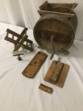 Antique wooden washing machine w/ metal hand crank.