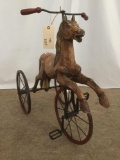 Antique wood and metal horse tricycle toy w/ detailed horse carved trike body + more see desc