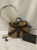 Vintage wicker fishing creel / basket with fish net and envelope fly book.