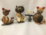 Set of 3 Asian hand painted wooden folk art animal figurines incl. Cat w/ shield & 2 mice