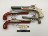 4 Hubley Flintlock style cap guns incl. Pirate model, Flintlock Jr Pistols w/ bakelite handles +