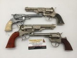 4 vintage cap gun pistols - Hubley Pioneer, Hubley Coyote, 65-70 Halco Pinto & Wyandotte Rancher