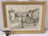 Framed 1945 P.W. Looshe print depicting a village scene - signed by artist