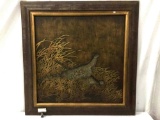 Large framed, wood carved colorful wildlife art piece depicting pheasants in tall grass