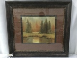 Framed impressionistic landscape print signed by unknown artist - handwriting on back