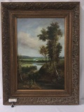 Original landscape oil painting of a river scene in extravagant frame - artist unknown