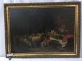 1924 repro of Otoo Gebler oil painting depicting a boy & dog sleeping in a manger signed by artist H