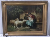 Framed original artwork depicting woman and child tending to sheep, signed by artist Vargas