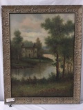 Framed gothic artwork of a pastoral scene with a castle beside a river, signed by artist J Eddie