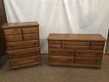 Pair of vintage 70s oak dressers - tall boy 5 drawer and long 7 drawer