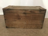 Antique wooden trunk with iron hardware - as is, some wear & a disconnected hinge