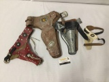 4 leather double holsters for cap gun pistols incl. Wild Bill Hickock leather holster w/ sterling