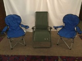 3 folding camp chairs incl. 2 versatile ultra light weight folding arm chairs + a green canvas chair