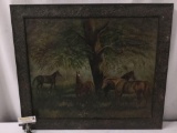 Vintage original oil painting of horses relaxing in the shade - damage to canvas, nice frame,