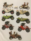 9 vintage diecast & composite ornaments of different vehicles incl. 2 diecast 1910 Buicks, etc see