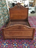 Stately antique mahogany queen size bed frame with art deco style - good cond.