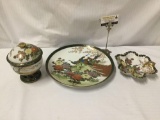 3 pc hand painted gold rimmed Kutani Shoxan porcelain Plate, bowl, and dish set - Made in Japan