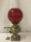 Vintage BB Co hurricane style brass base lamp with ruby glass shade - tested & working well