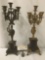 Pair of antique etched stone & brass base candleabras with ornate design - as is