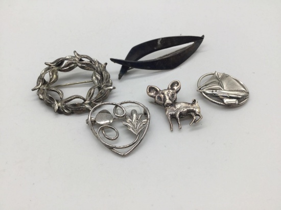 Collection of 5 vintage sterling silver brooches incl. Ulrich mid century brooch - 30.8 grams ttw