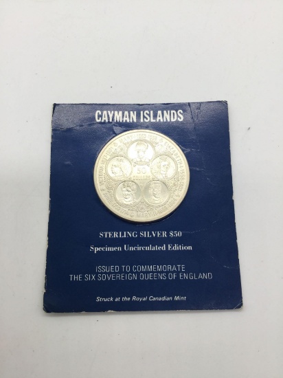 Royal Canadian Mint 1975 Cayman Islands sterling silver $50 uncirculated coin. Weighs 64.8 grams
