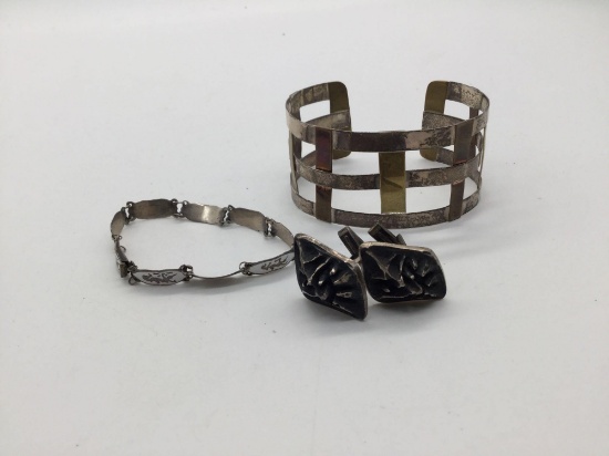 Copper/brass & sterling bracelet, Siam sterling & mid century brutalist sterling silver cufflinks