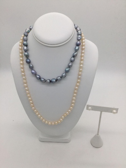 Blue cultured pearl necklace & a white pearl necklace both w/ 14k gold clasps & pearl earrings