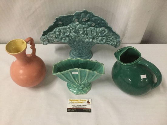 Selection of 4 vintage deco to mid century ceramics incl. Red Wing vase, Mccoy fan vase, and more!