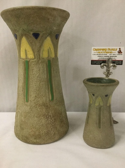 Pair of antique earthenware 1900s mission style vases w/ minimalist floral designs & textured