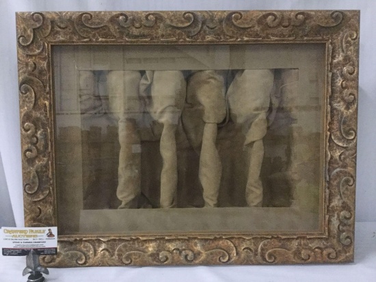 Antique inspired hanging wood and fabric wall bottle display with rococo style frame