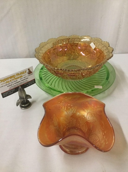 Selection of 3 antique carnival / depression glass incl. Vaseline footed plate & 2 marigold bowls