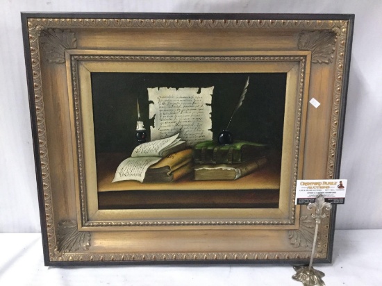 Original still life oil painting of quill pens / writing items - signed by artist, in gesso frame