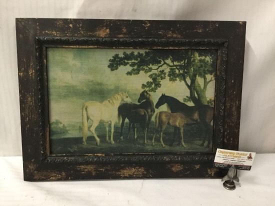 Antique deco style horse print on canvas in antique look metal frame