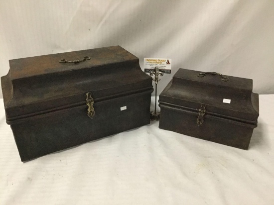 Pair of high end metal nesting boxes with latches - brushed metal antique look