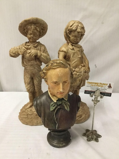 Selection of 3 plaster and composite statues / bust incl. 2 statues of a rural boy & girl