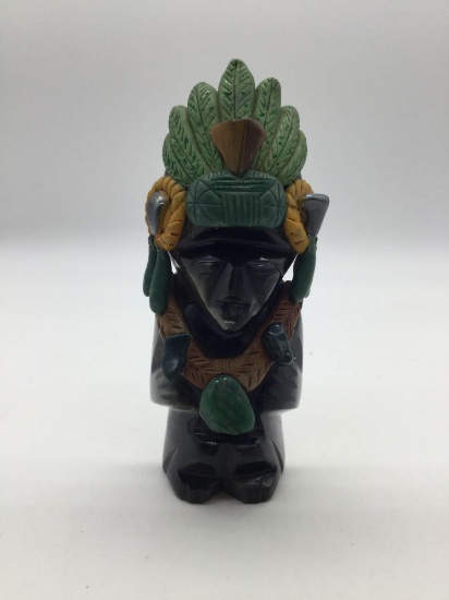 Highly decorated & ornate gold obsidian stone Native American chief statue with great detail